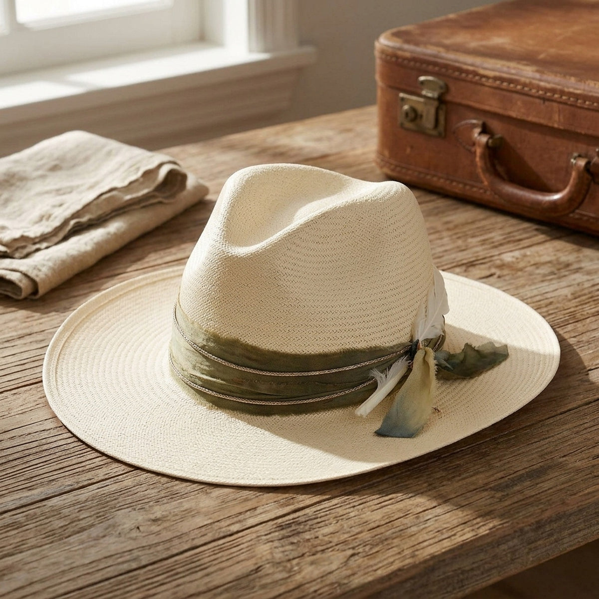 Unisex Cream Wide Brim Sun Hat with Feather and Ribbon Band