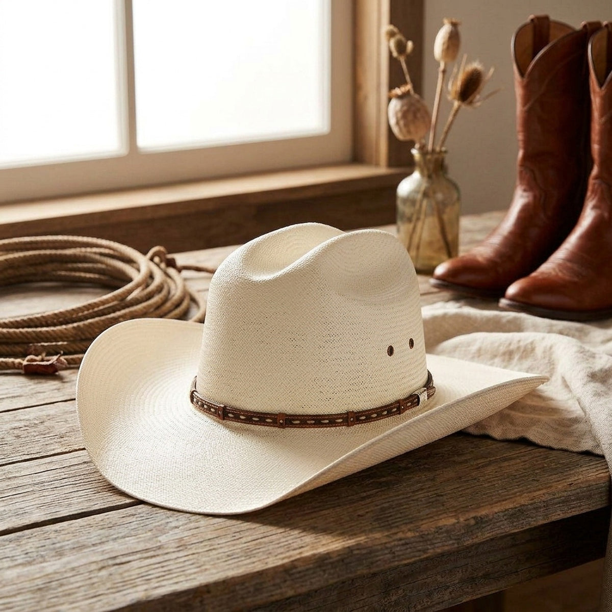Unisex White Straw Cowboy Hat with Tooled Leather Stud Band