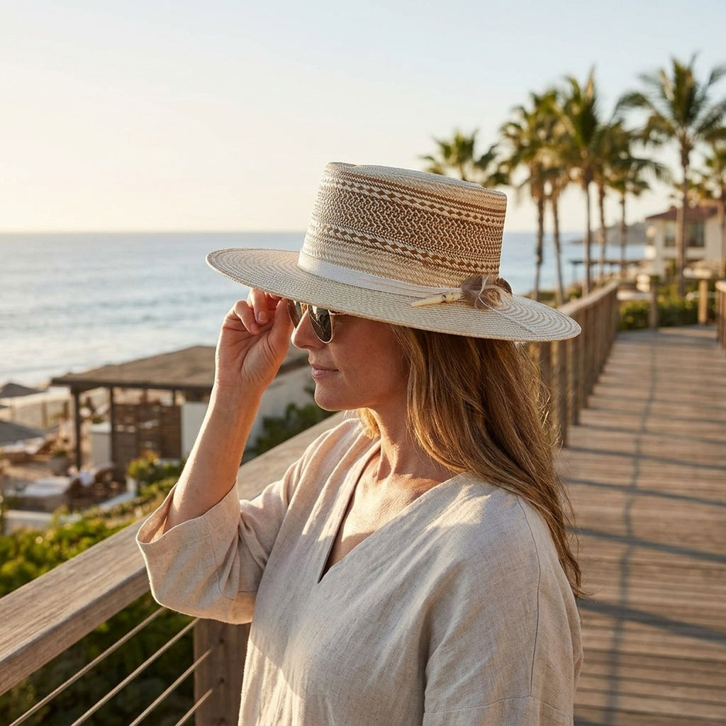 Natural Straw Boater Hat with Striped Weave and Flat Top Crown