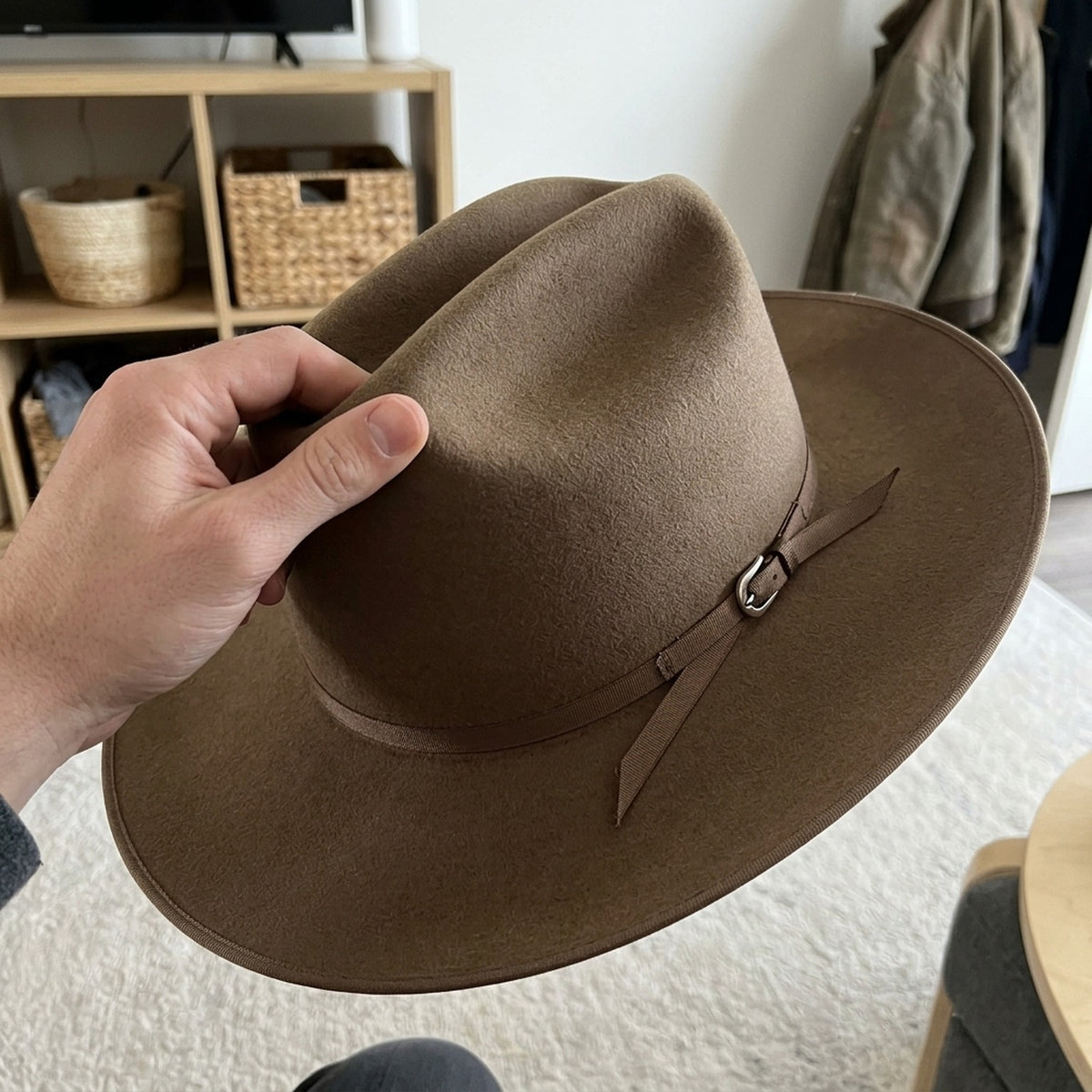 Tan Felt Fedora Hat with Grosgrain Ribbon Band Detail