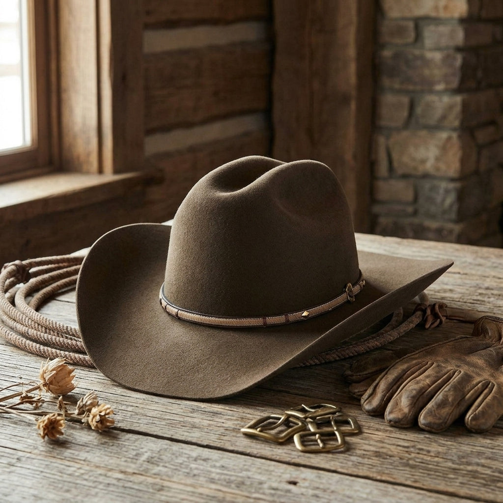 Olive Brown Wool Felt Cowboy Hat with Two-Tone Leather Band