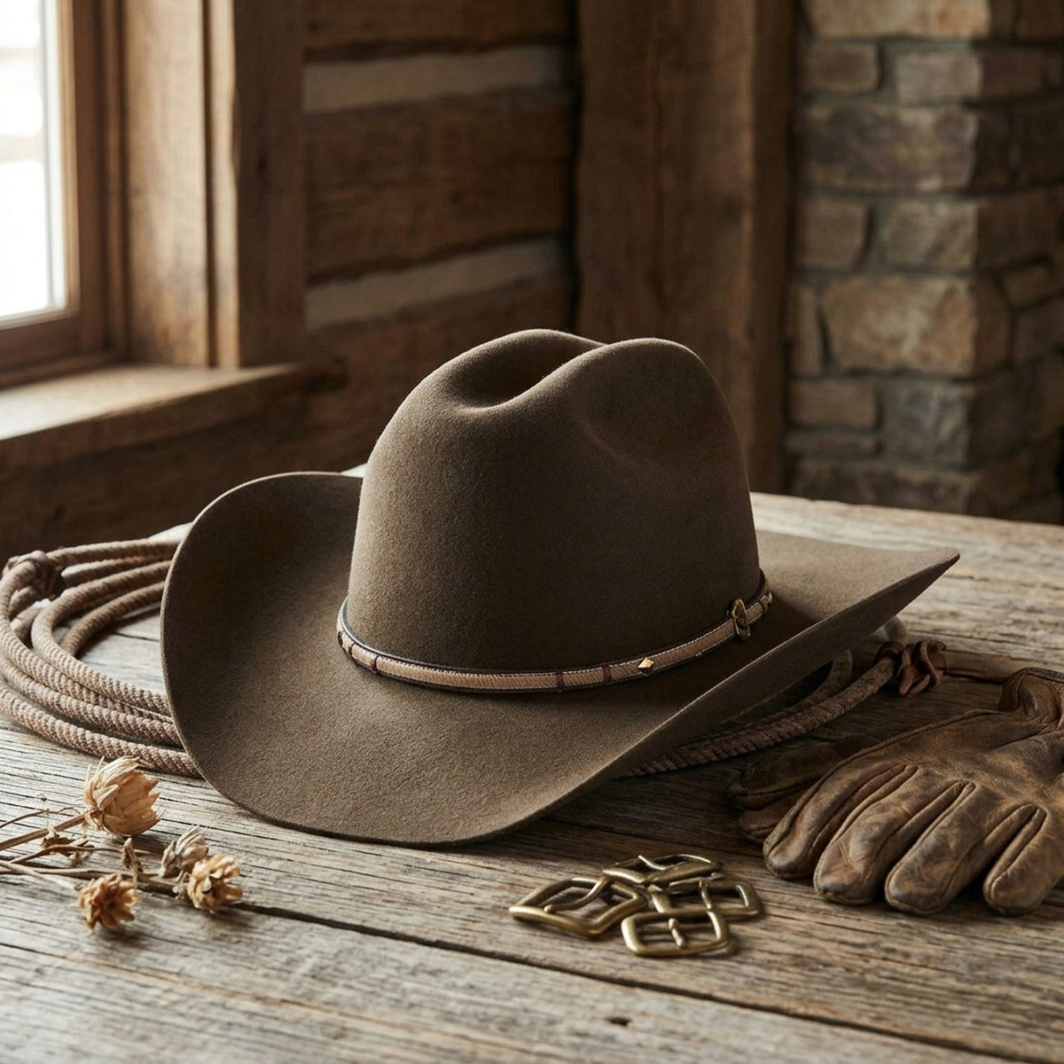 Olive Brown Wool Felt Cowboy Hat with Two-Tone Leather Band