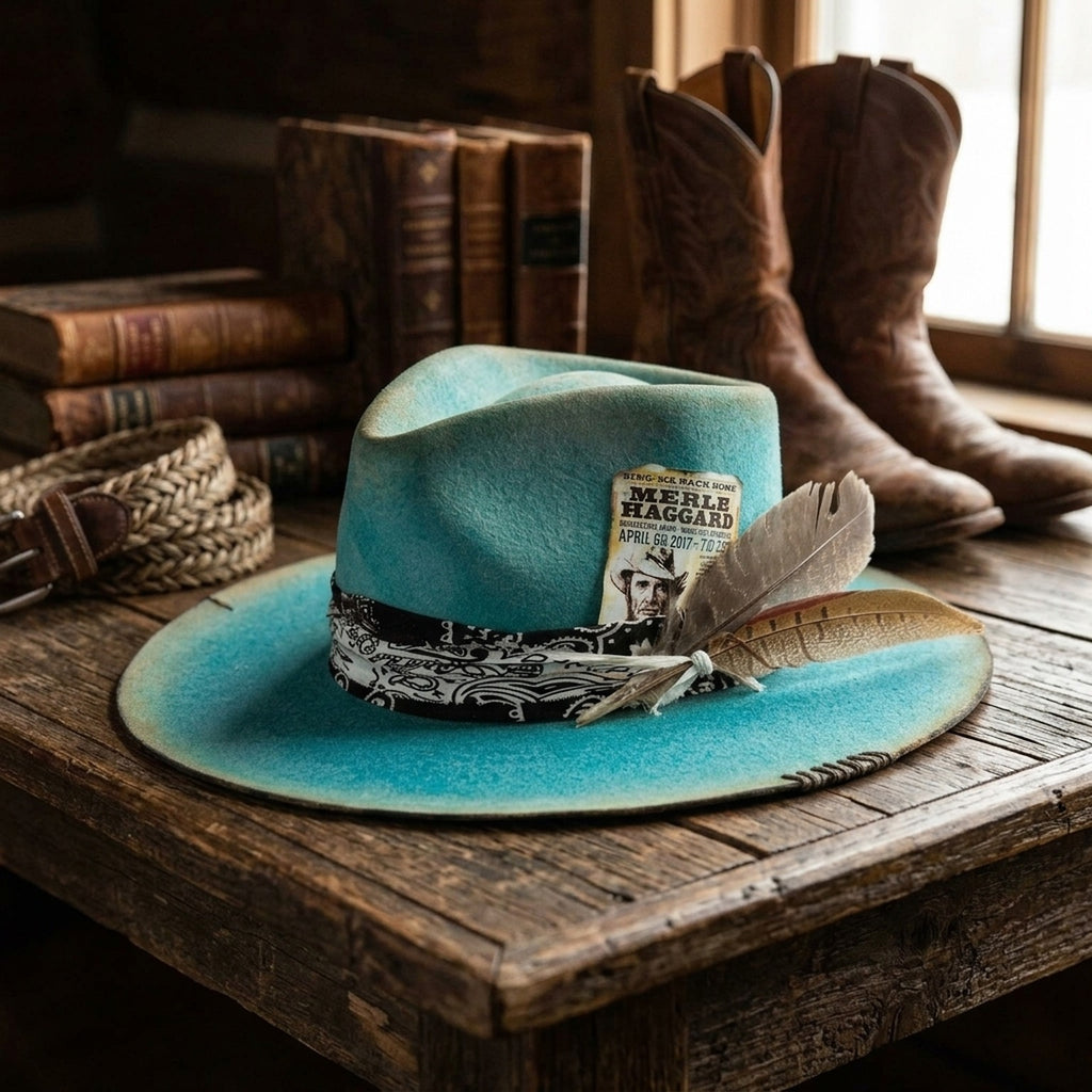 Teal Felt Western Hat with Concert Card Tuck and Feathers