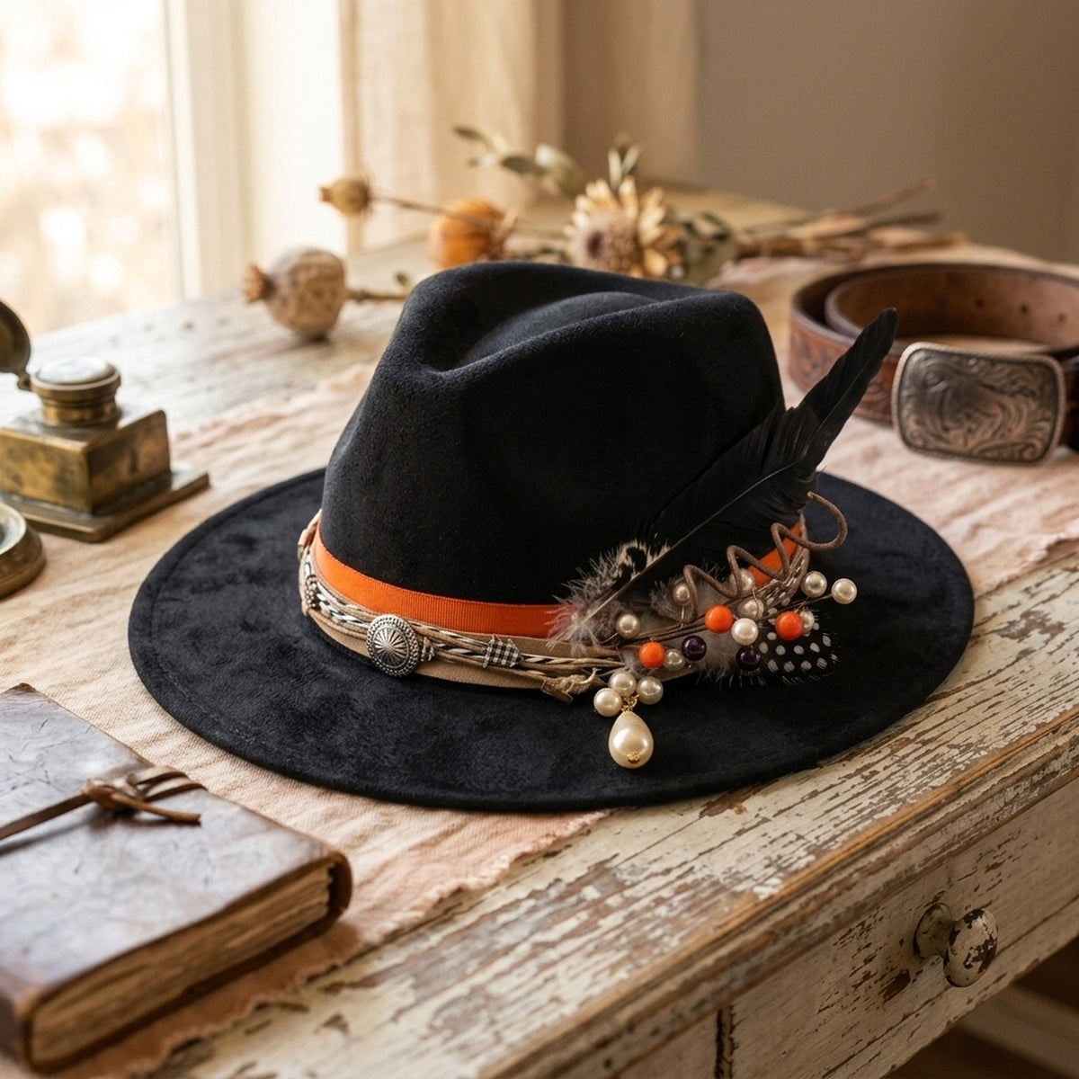 Black Glam Fedora with Pearl Drop, Feathers and Orange Ribbon