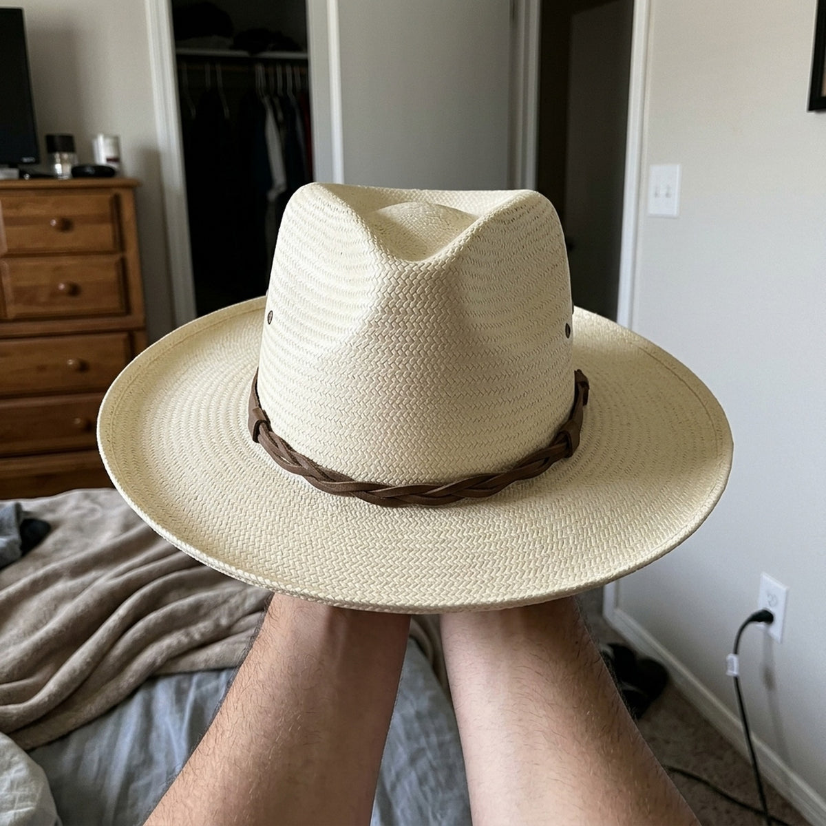 White Straw Fedora Hat with Braided Leather Band and Wide Brim