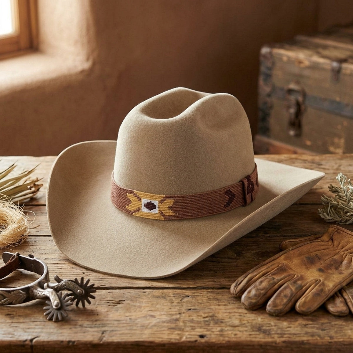 Tan Cowboy Hat With Embroidered Southwestern Band
