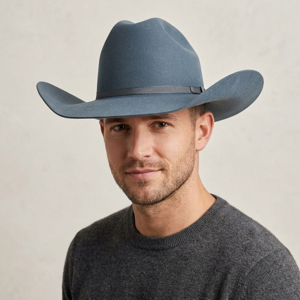 Unisex Blue Gray Wool Felt Cowboy Hat with Ribbon Trim