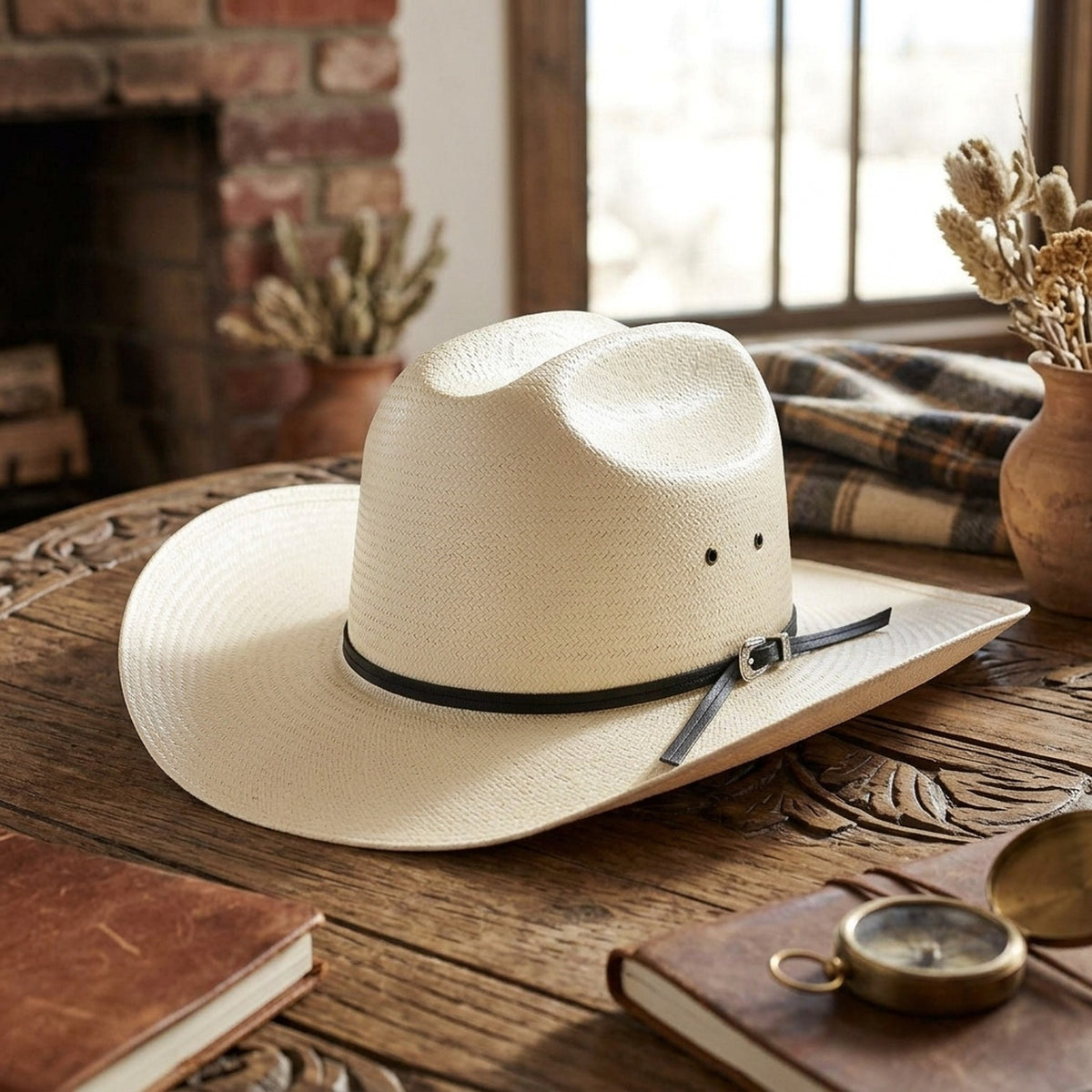 Ivory Straw Cowboy Hat with Black Ribbon Band and Side Bow