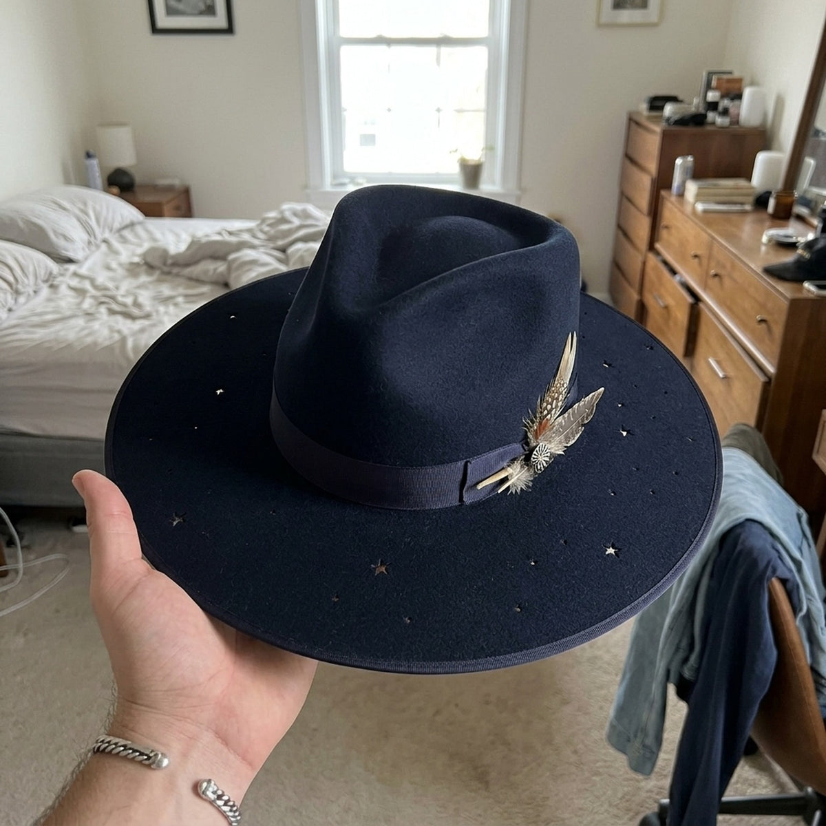 Navy Blue Wide Brim Felt Hat with Star Cutouts and Feather