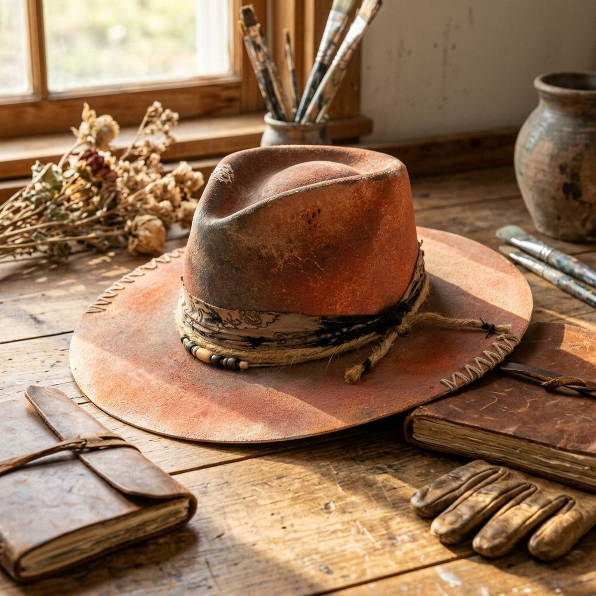 Vintage Rust Western Hat with Bandana Band and Beading