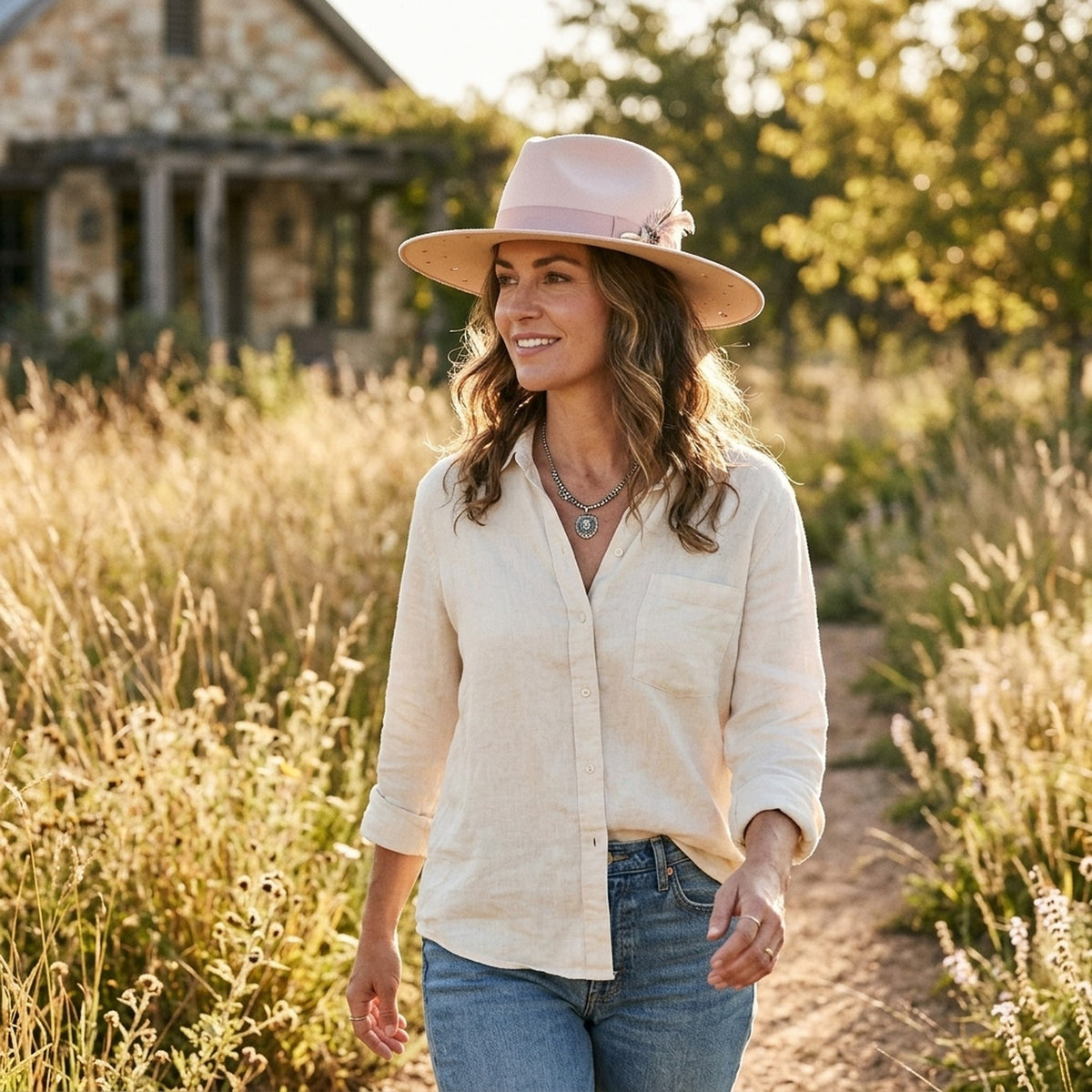 Blush Pink Wide Brim Felt Hat with Star Cutouts and Tassel