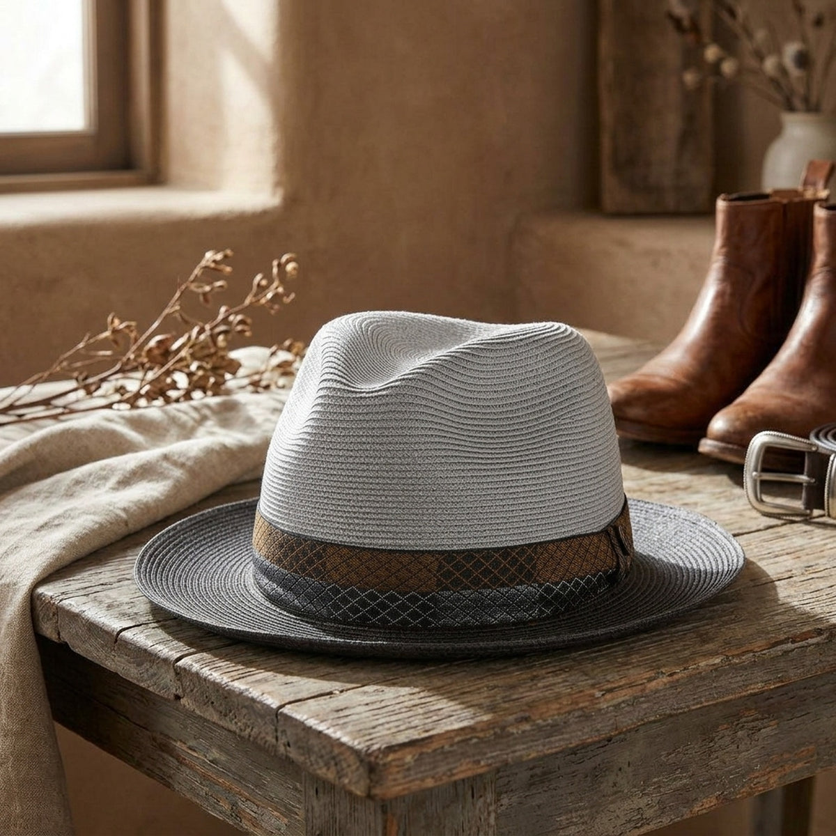 Two-Tone Straw Fedora Hat with Patterned Band and Brim