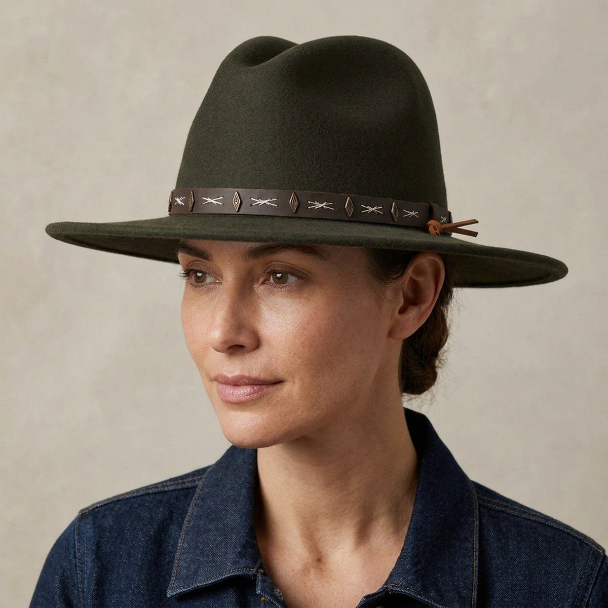 Dark Olive Boho Felt Hat with Cross-Stitched Leather Band
