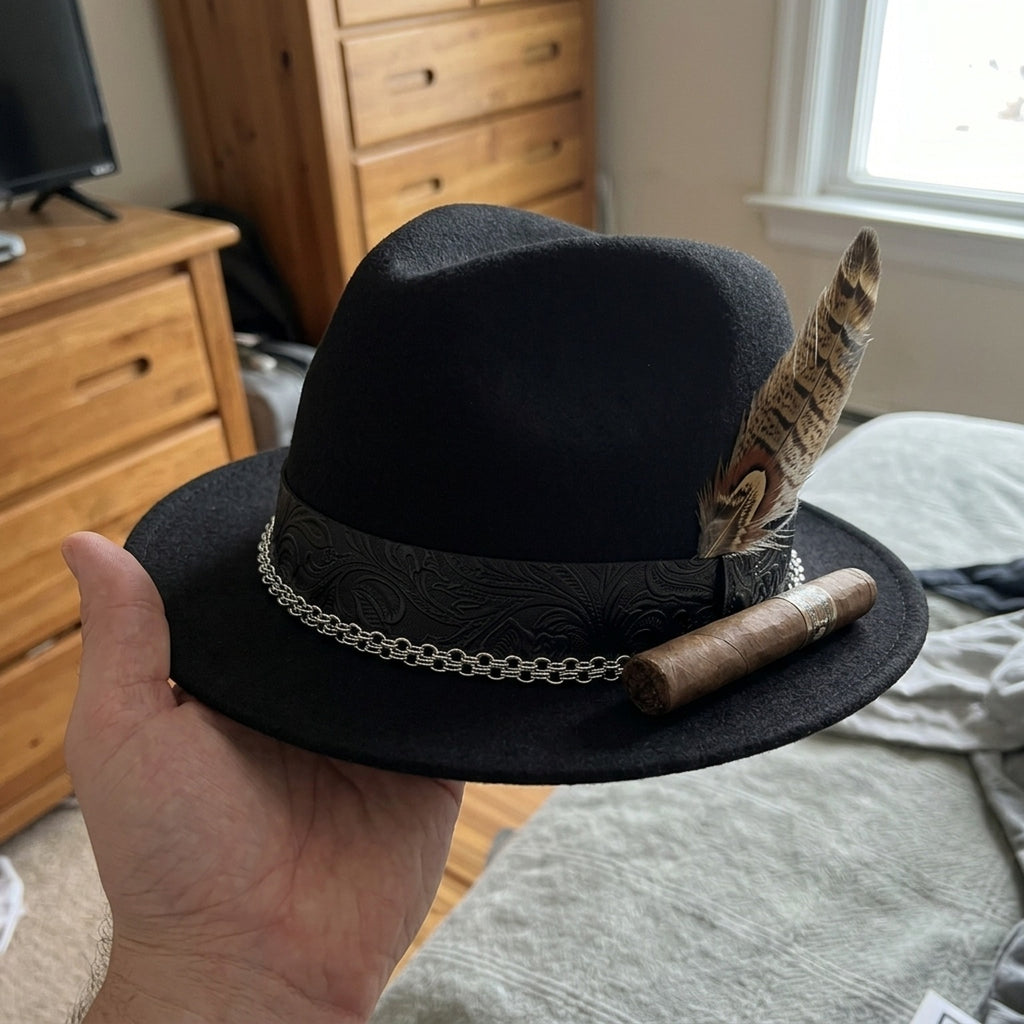 Black Fedora with Embossed Leather Band, Chain and Cigar Accent