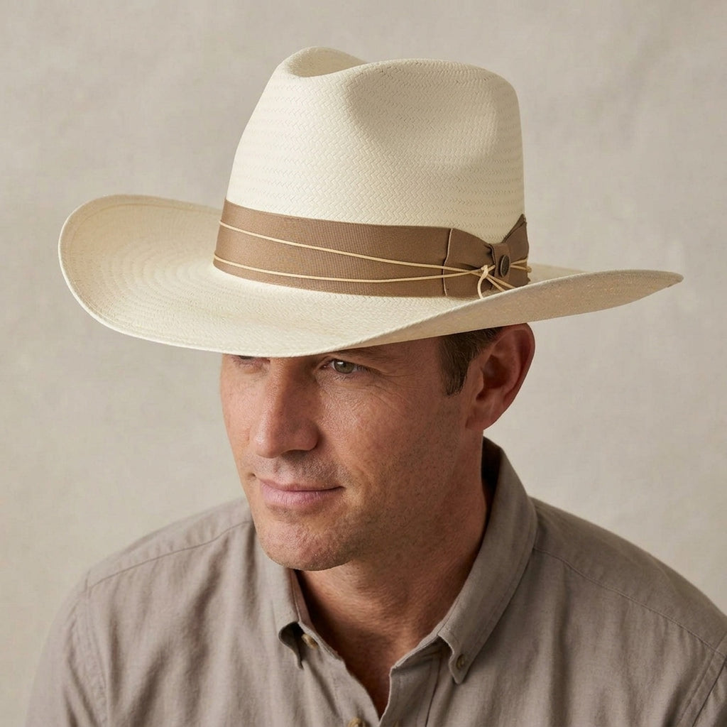 Unisex Ivory Straw Cowboy Hat with Grosgrain Ribbon Band