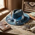 Antique Blue Fedora with Floral Scarf Bow and Feather Spray