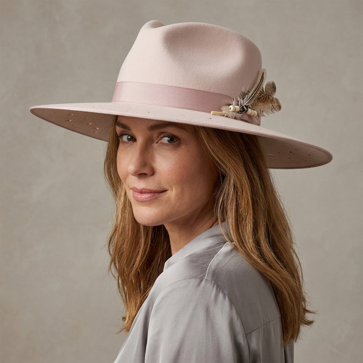 Blush Pink Wide Brim Felt Hat with Star Cutouts and Tassel