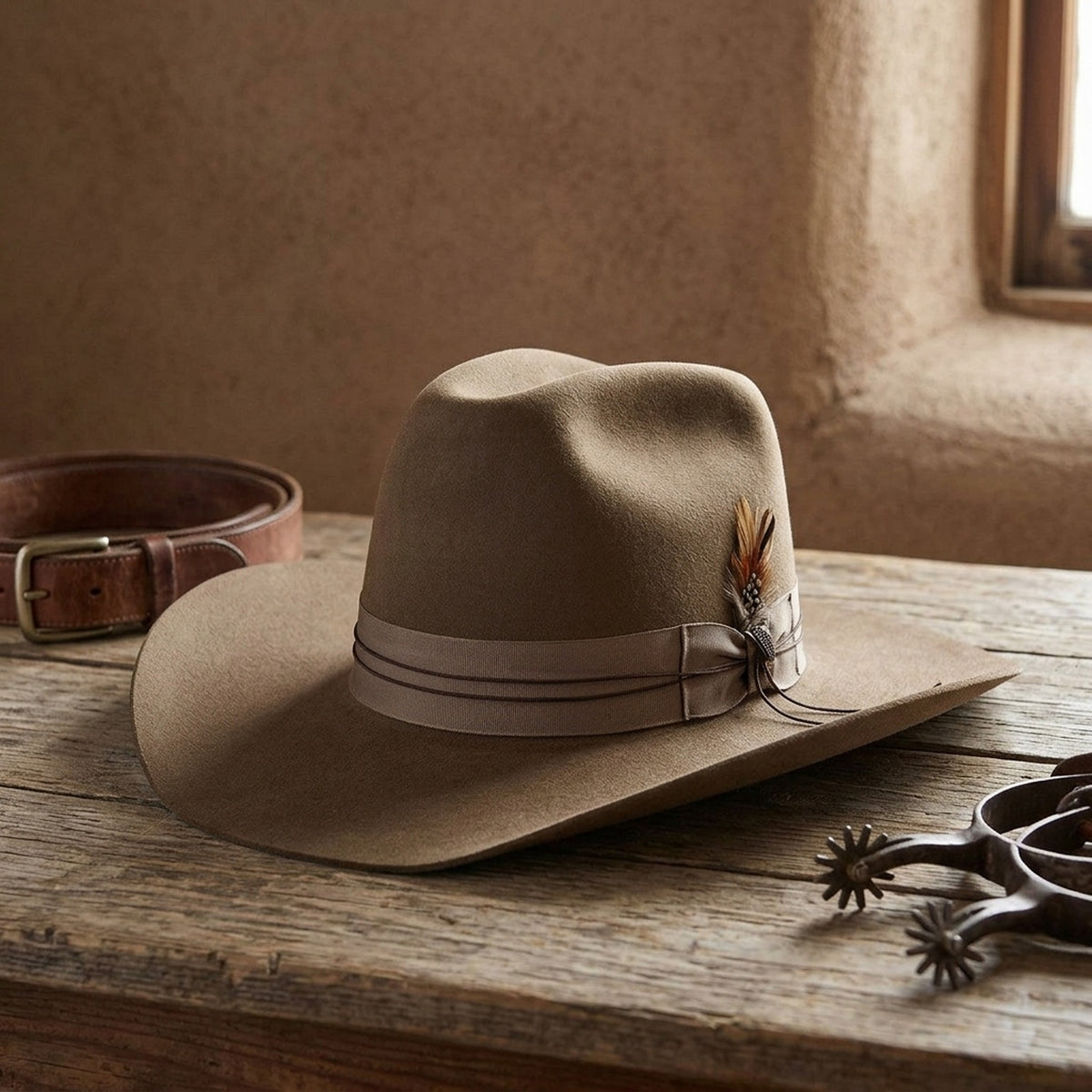 Unisex Taupe Wool Felt Cowboy Hat with Ribbon Band