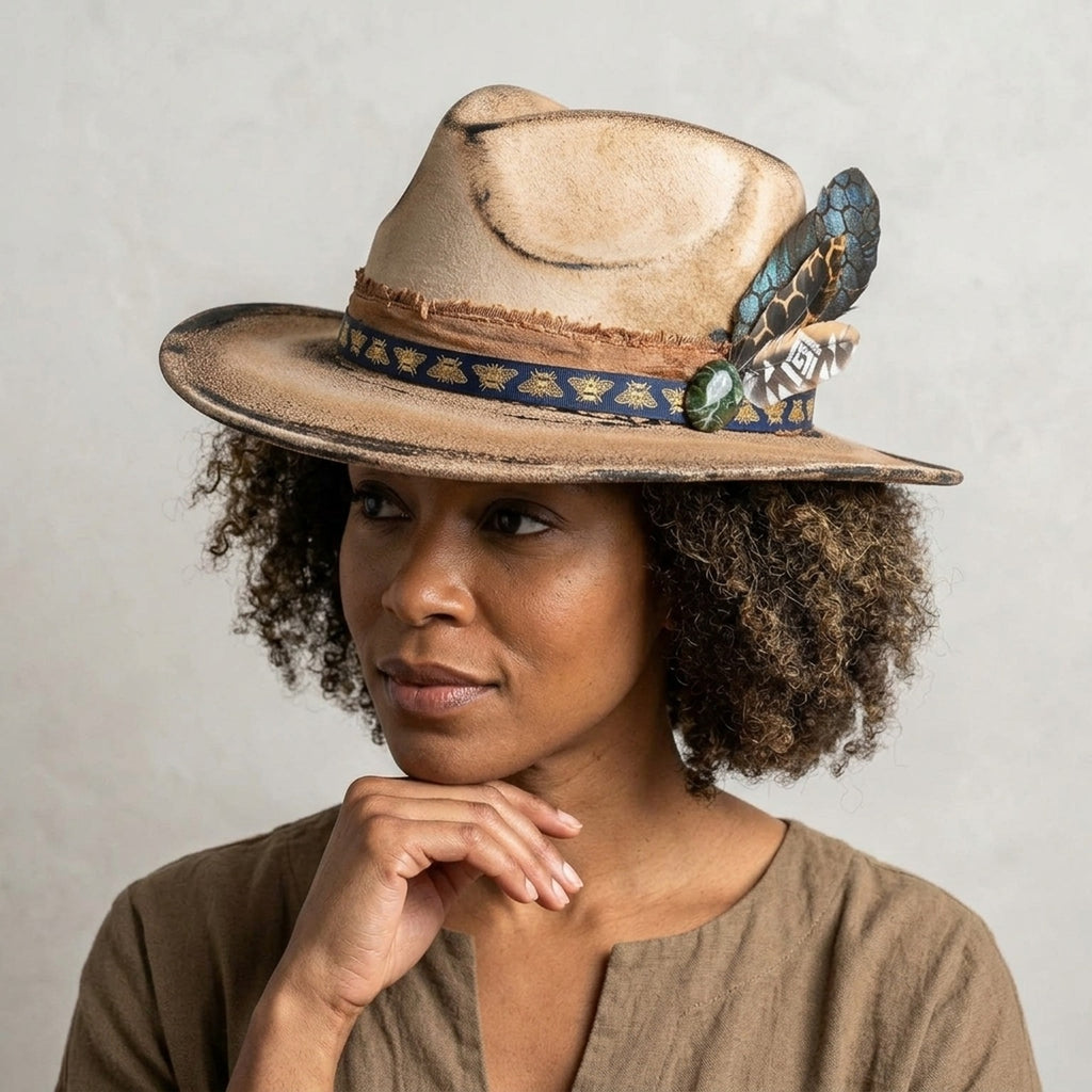 Beige Fedora with Bee Ribbon Band and Feather Accent