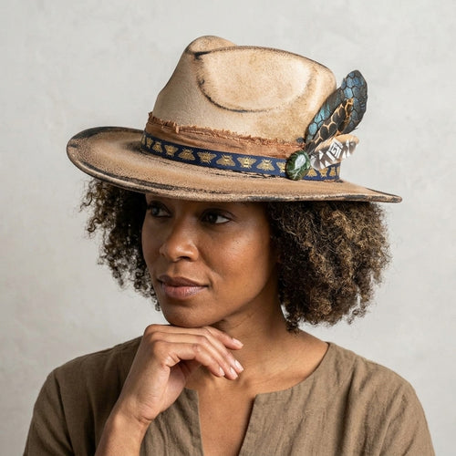 Beige Fedora with Bee Ribbon Band and Feather Accent
