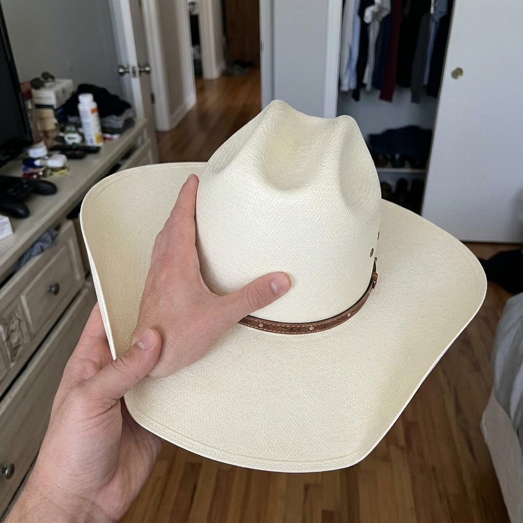 Unisex White Felt Cowboy Hat Studded Leather Band Wide Brim