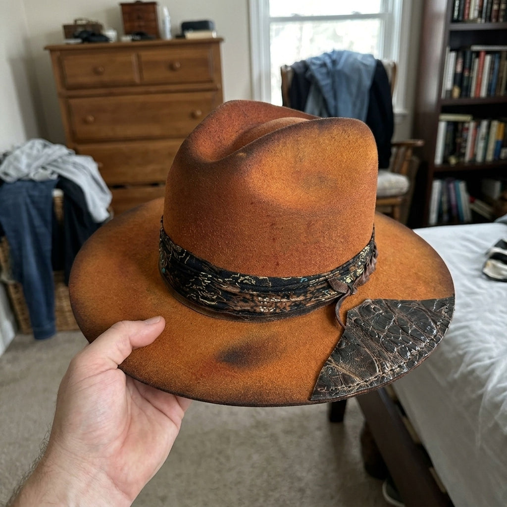 Rust Orange Fedora with Snakeskin Band and Crocodile Patch