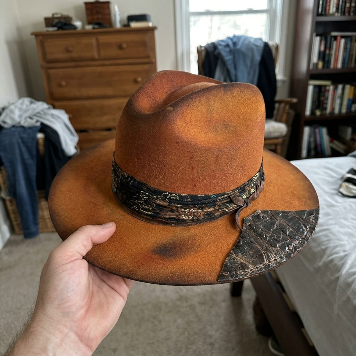 Rust Orange Fedora with Snakeskin Band and Crocodile Patch
