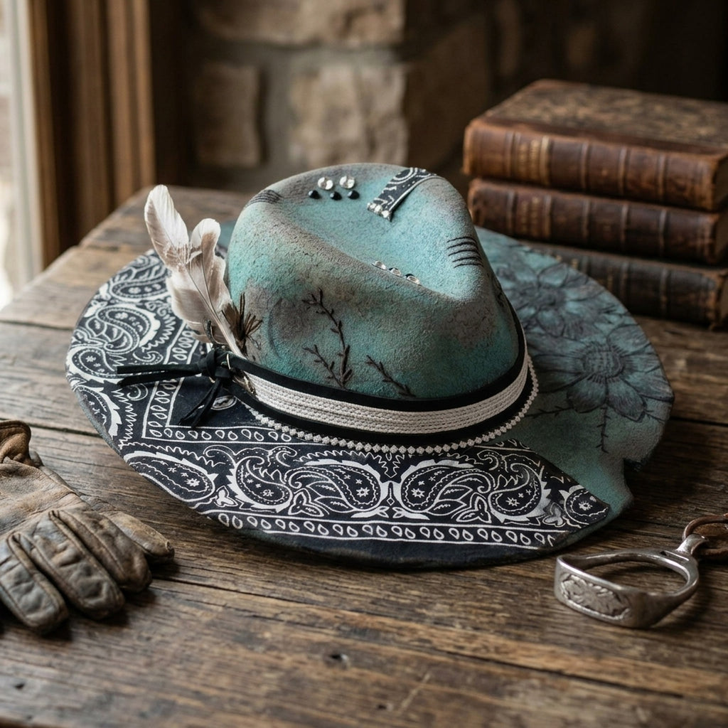 Teal Western Hat with Paisley Brim, Floral Embroidery, and Pearls