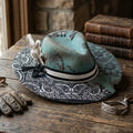 Teal Western Hat with Paisley Brim, Floral Embroidery, and Pearls
