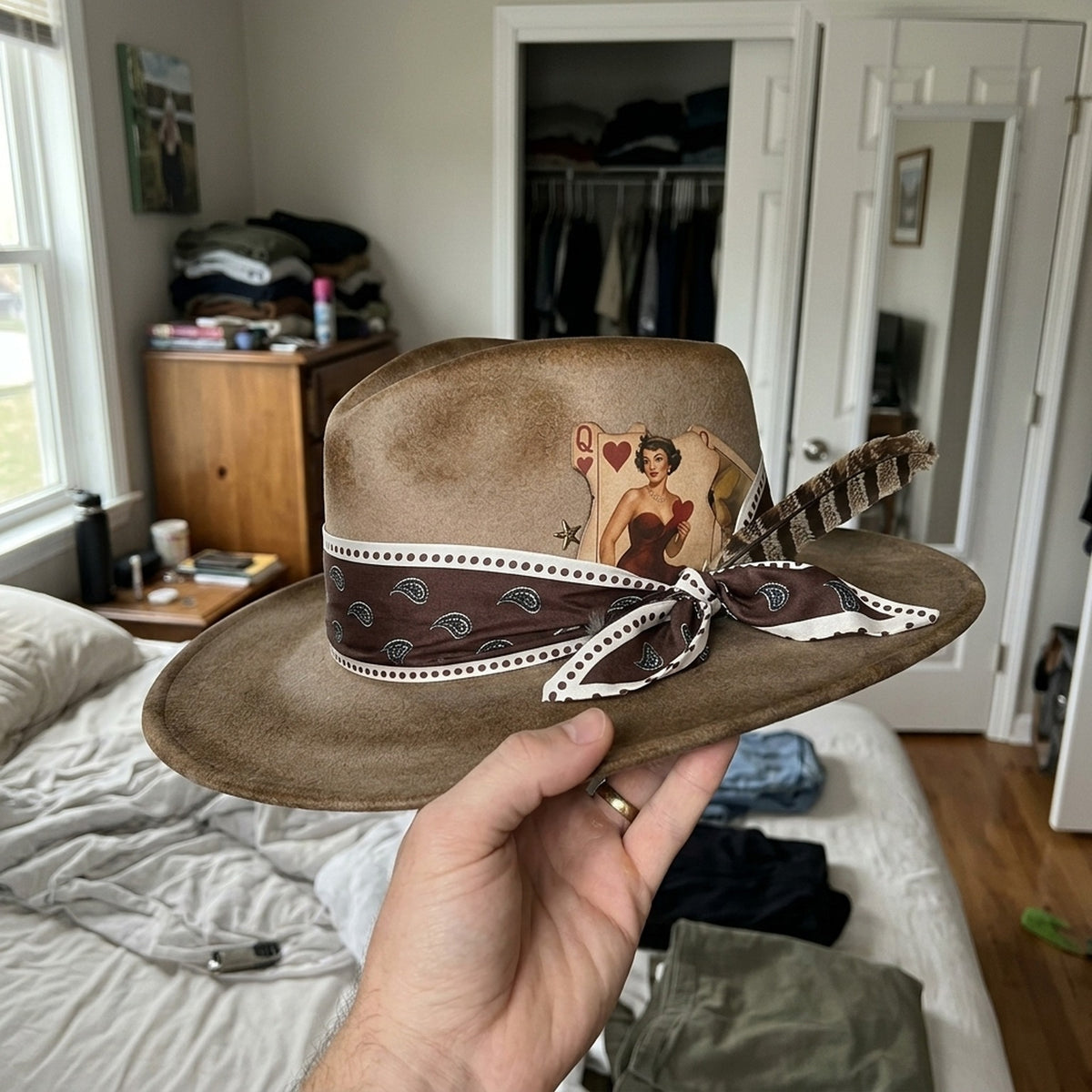 Taupe Felt Fedora With Paisley Band Playing Cards And Star Charm