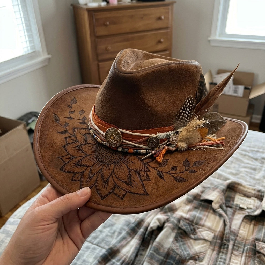 Brown Leather Western Hat with Sunflower Engraving Conchos