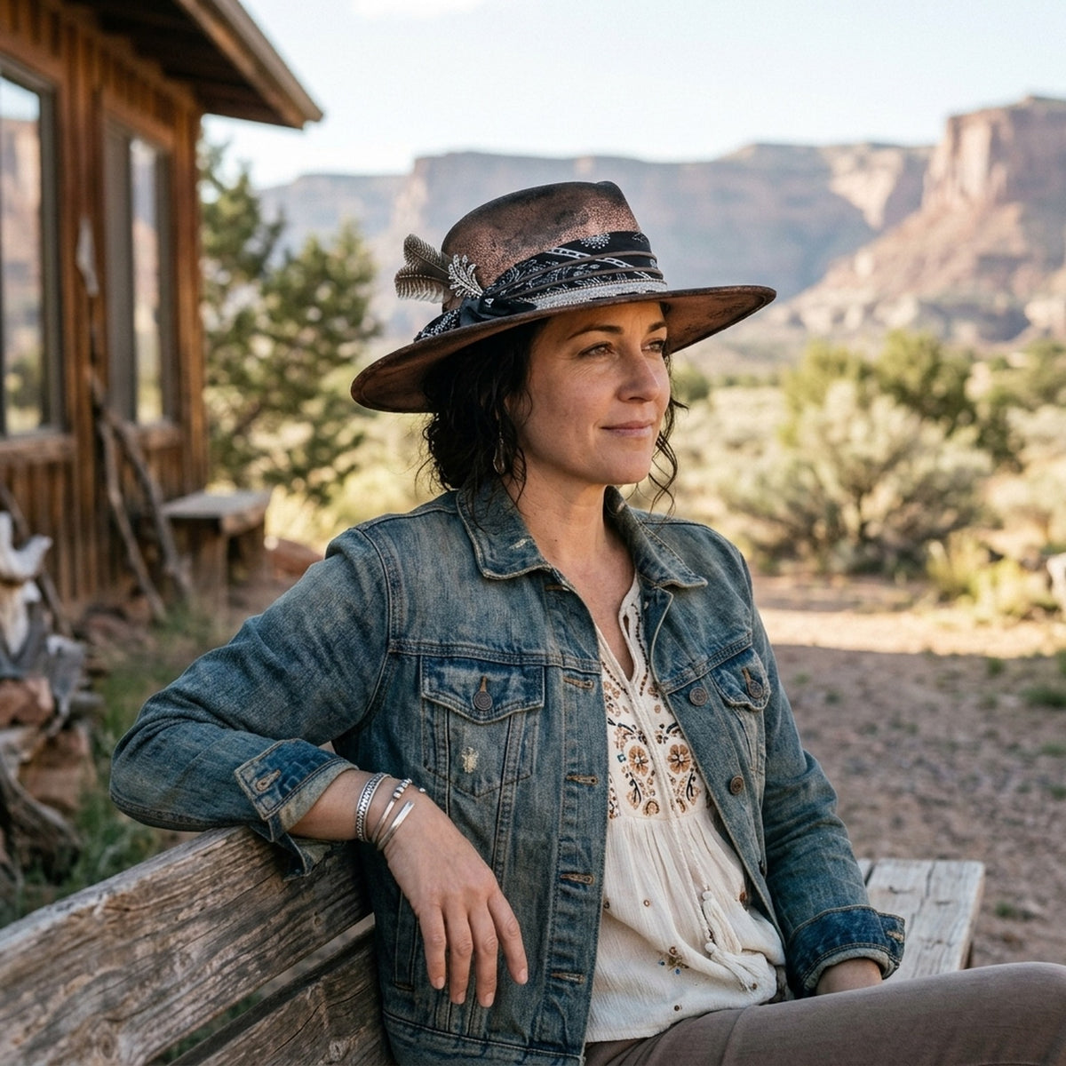 Copper Distressed Fedora with Bandana, Rhinestones and Stitch Stars