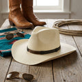 Ivory Straw Western Hat with Leather Band and Wide Brim