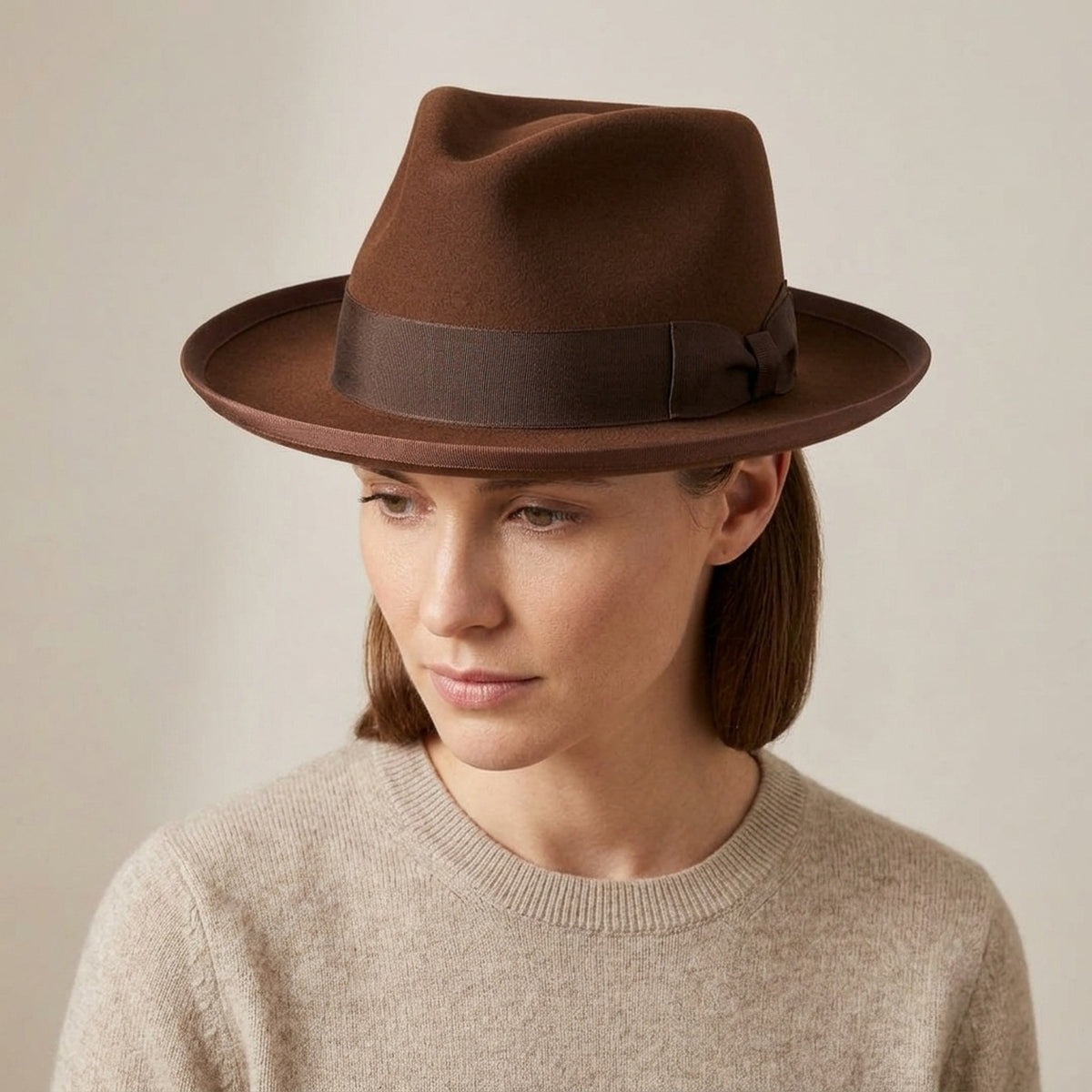 Chocolate Brown Wool Felt Fedora with Dark Ribbon Bow