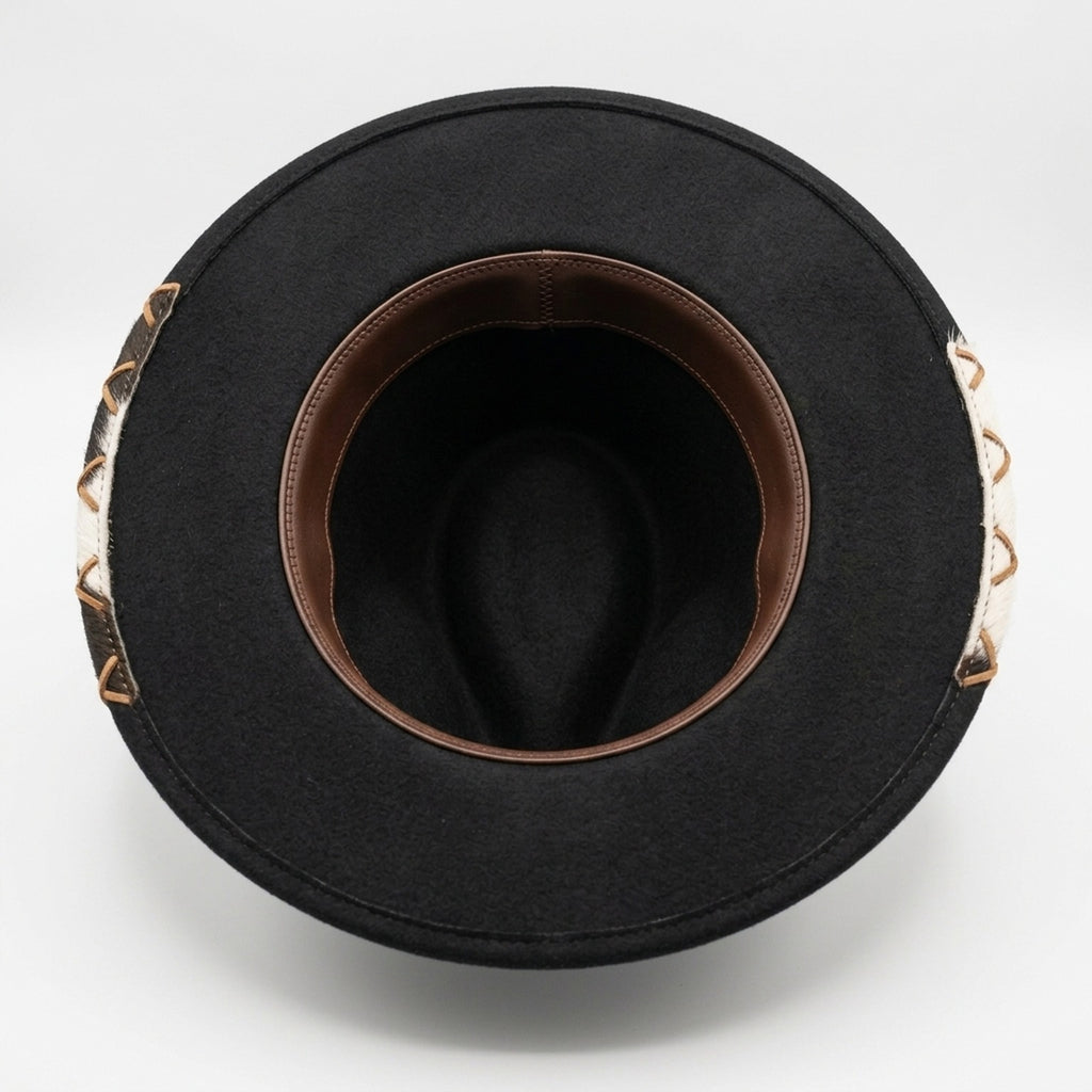 Black Western Hat with Cowhide Brim Cross Lacing White Feather