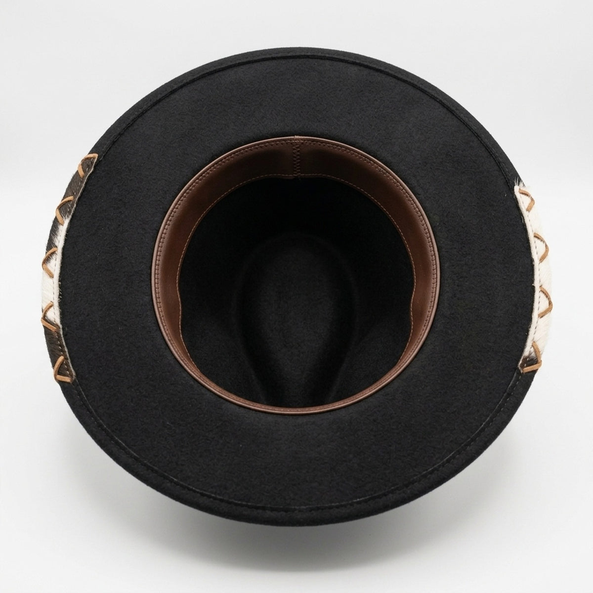 Black Western Hat with Cowhide Brim Cross Lacing White Feather