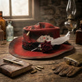 Western Red Fedora with Playing Cards, Rose and Bullet