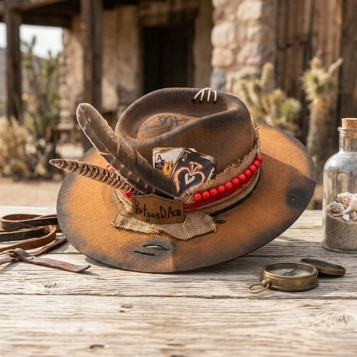Burnt Orange Distressed Hat with Playing Cards and Red Beads