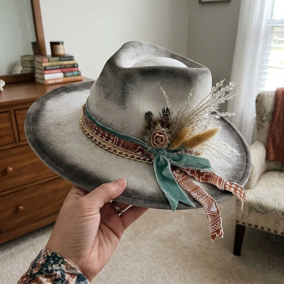 Silver Grey Felt Fedora with Dried Plumes Tribal Print Ribbon