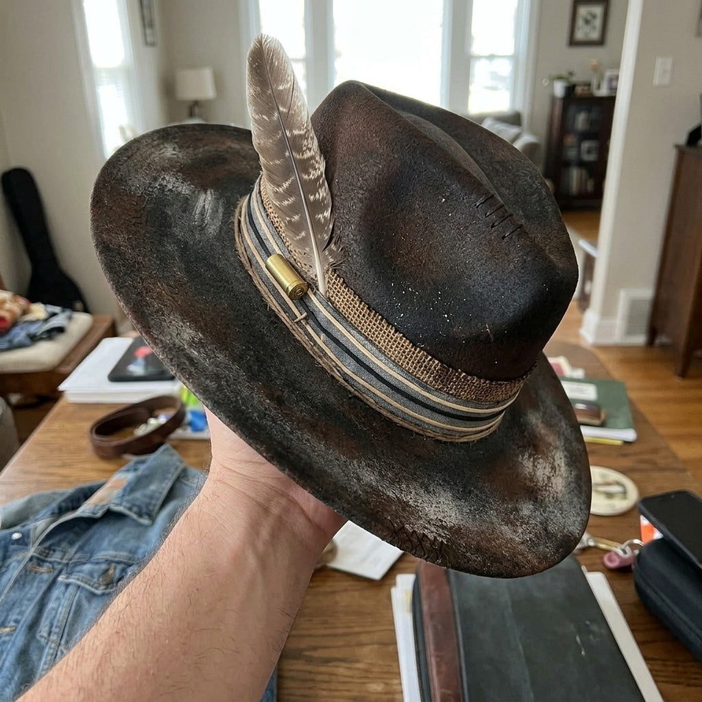 Weathered Gray Fedora with Feather and Denim Burlap Band