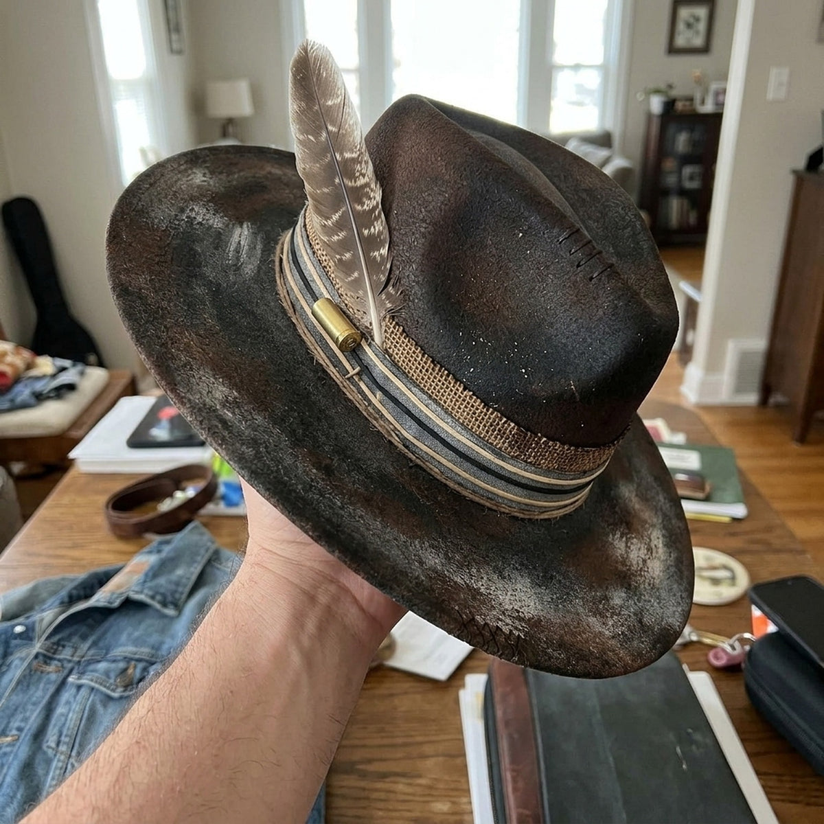 Weathered Gray Fedora with Feather and Denim Burlap Band
