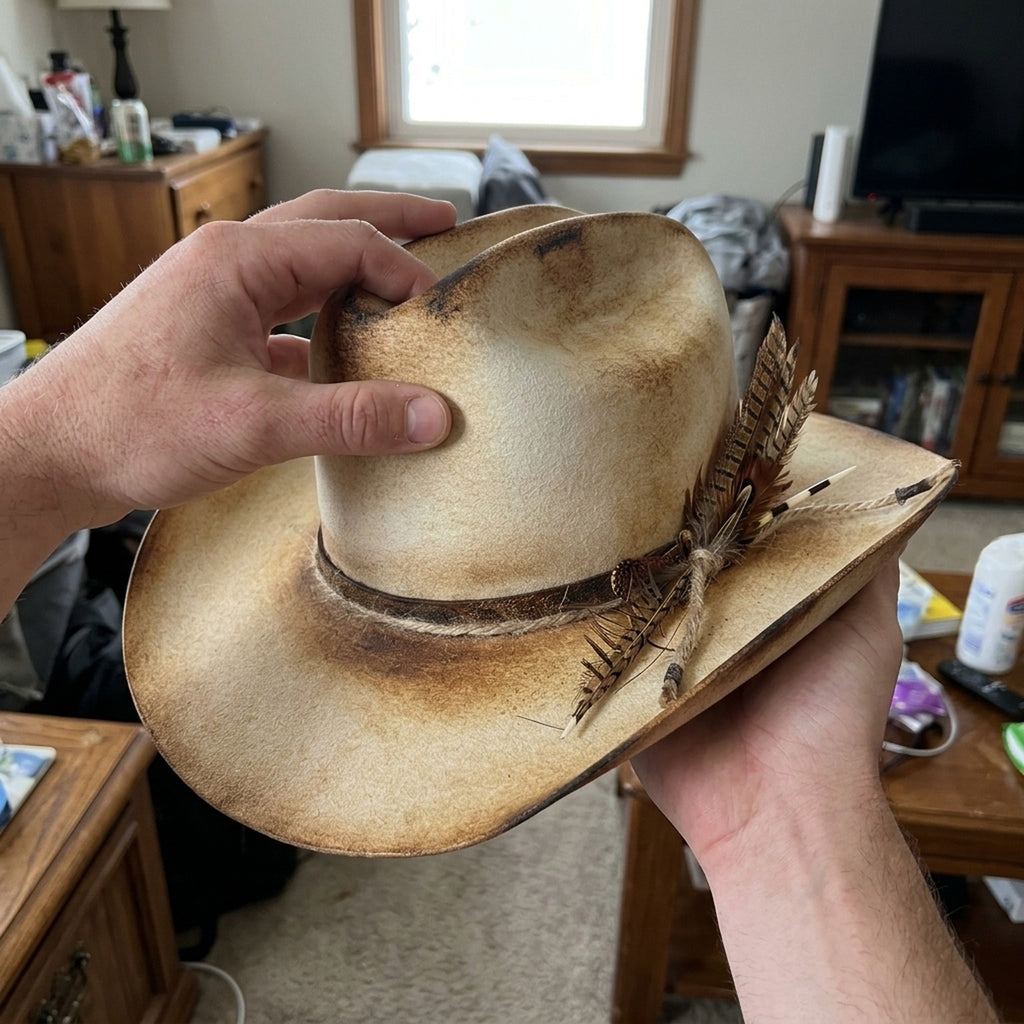 Vintage Tan Cowboy Hat with Pheasant Feather Cluster