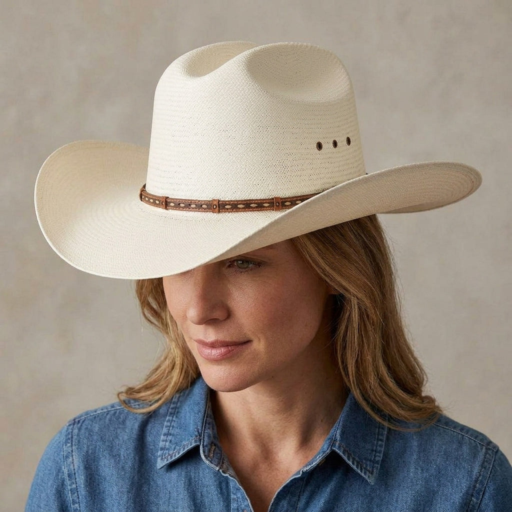 Unisex White Straw Cowboy Hat with Tooled Leather Stud Band