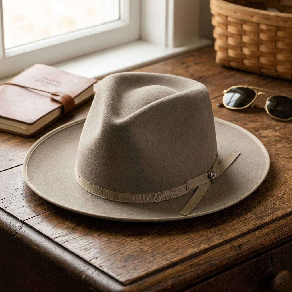 Light Gray Wool Felt Fedora with Grosgrain Band and Buckle