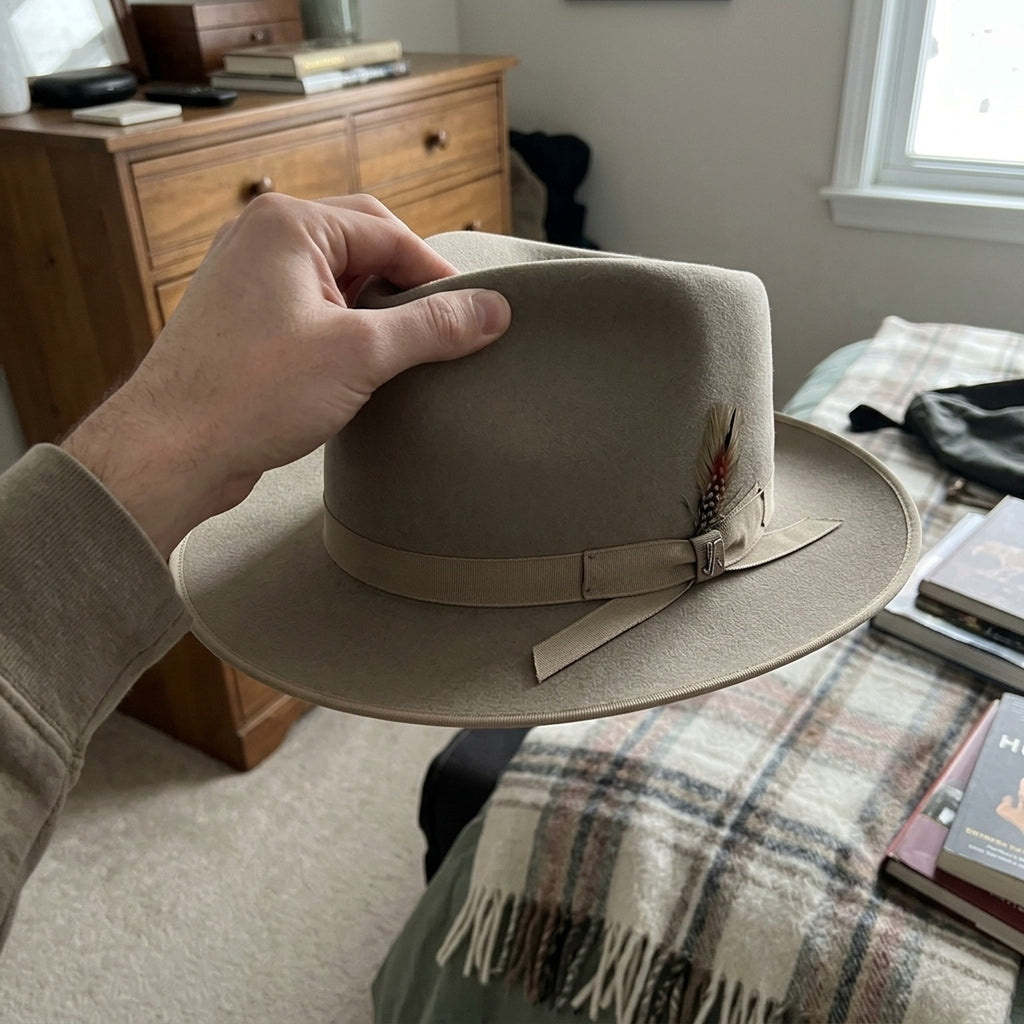 Light Gray Wool Felt Fedora with Grosgrain Band and Buckle