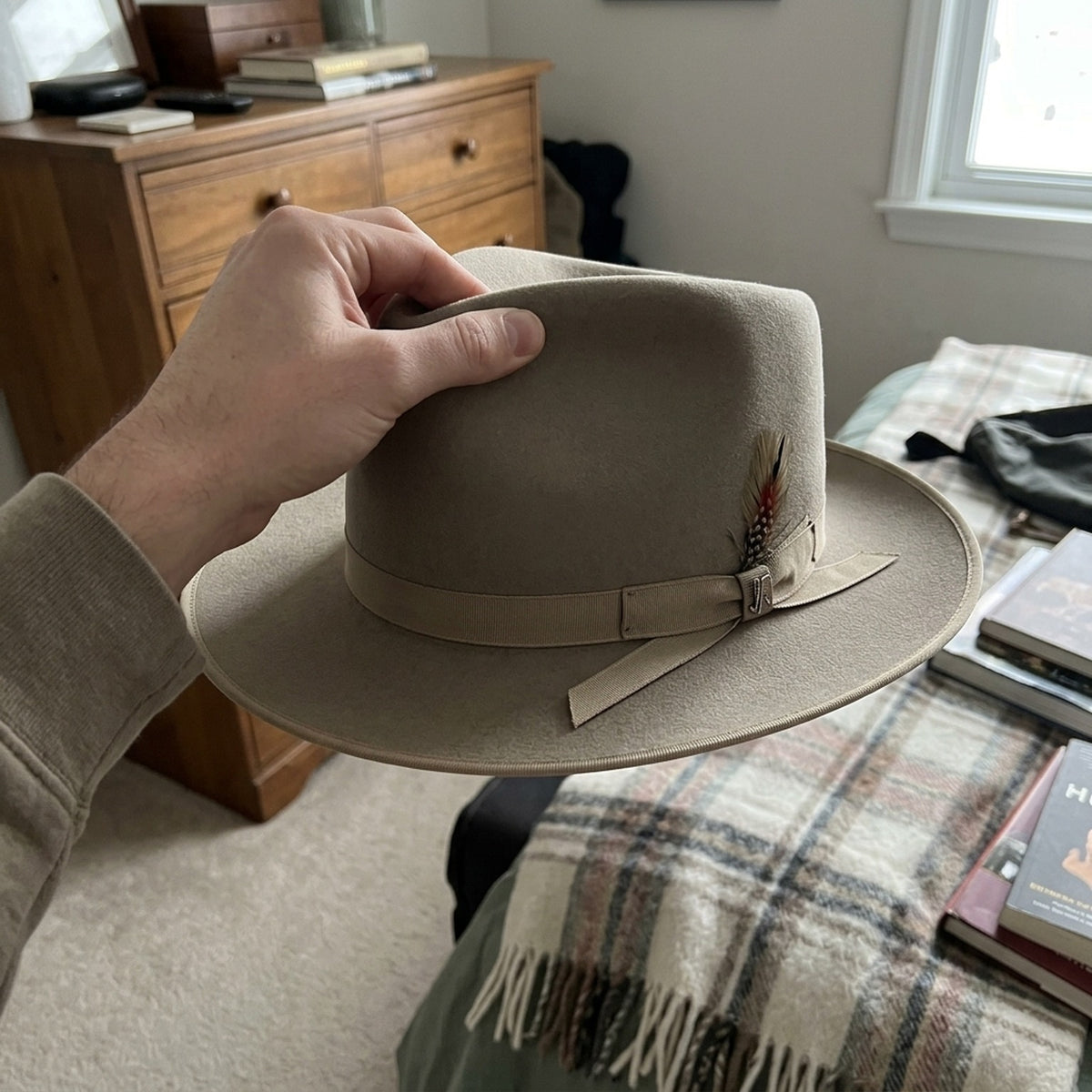 Light Gray Wool Felt Fedora with Grosgrain Band and Buckle