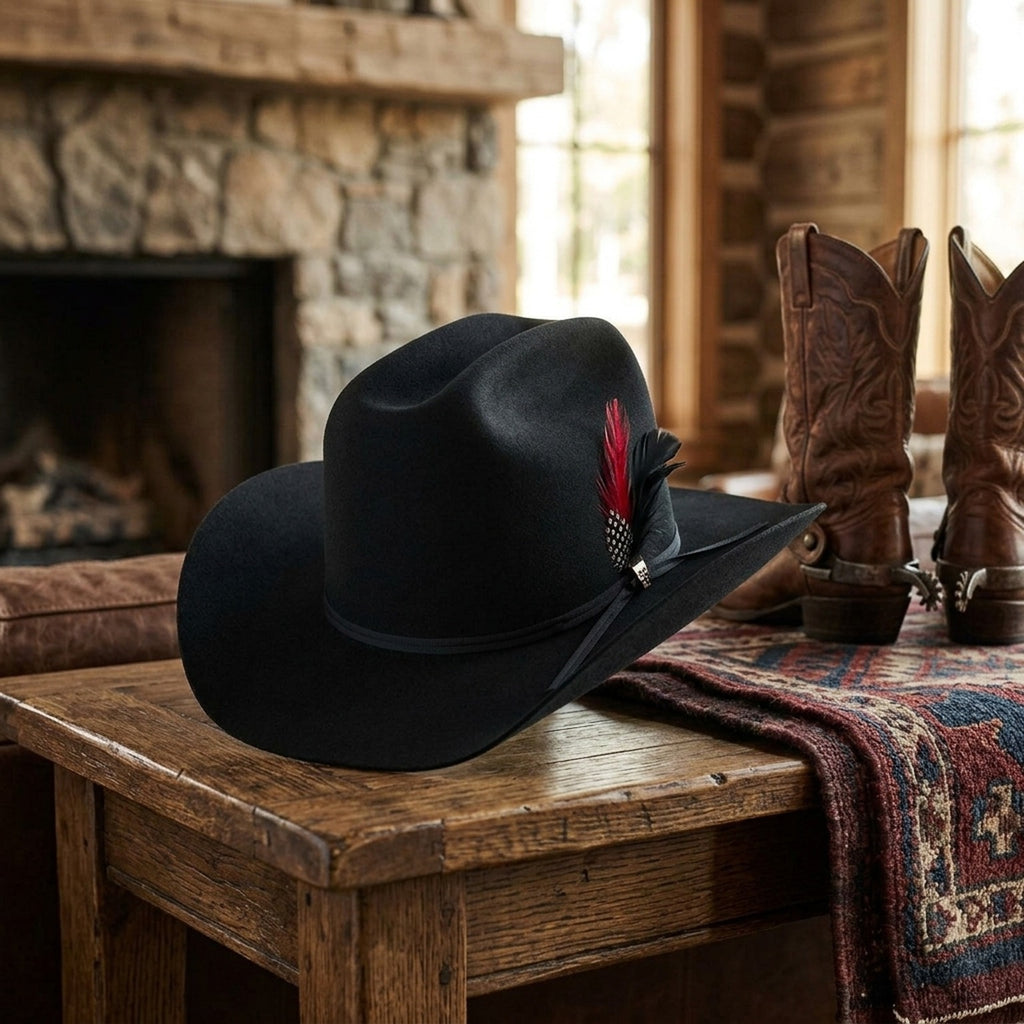 Black Wool Felt Cowboy Hat with Feather Detail