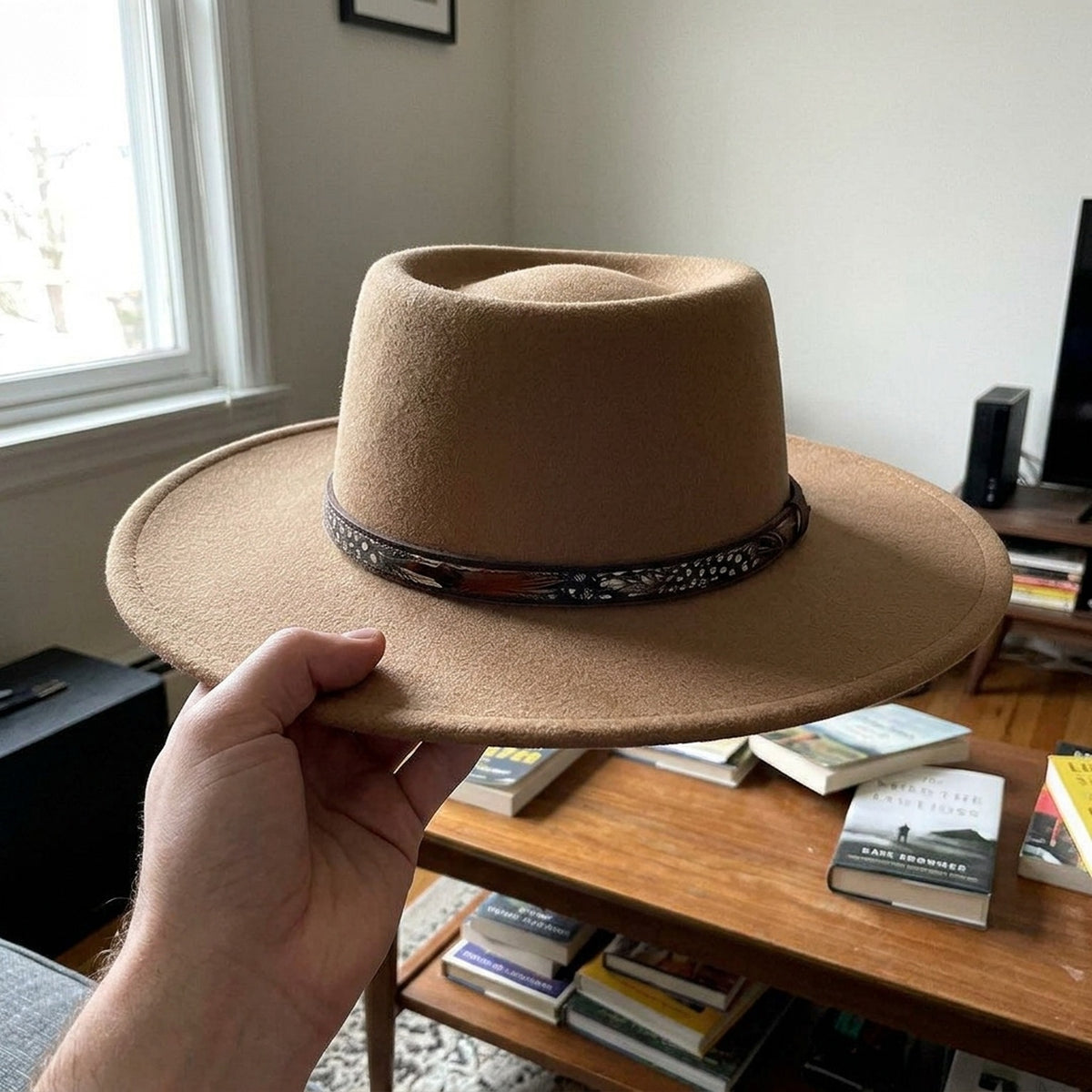 Tan Wide Brim Felt Hat with Patterned Leather Band Unisex