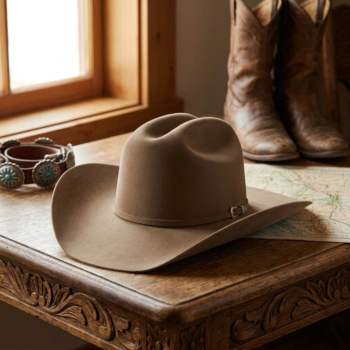 Tan Camel Wool Felt Cowboy Hat with Classic Crease Crown