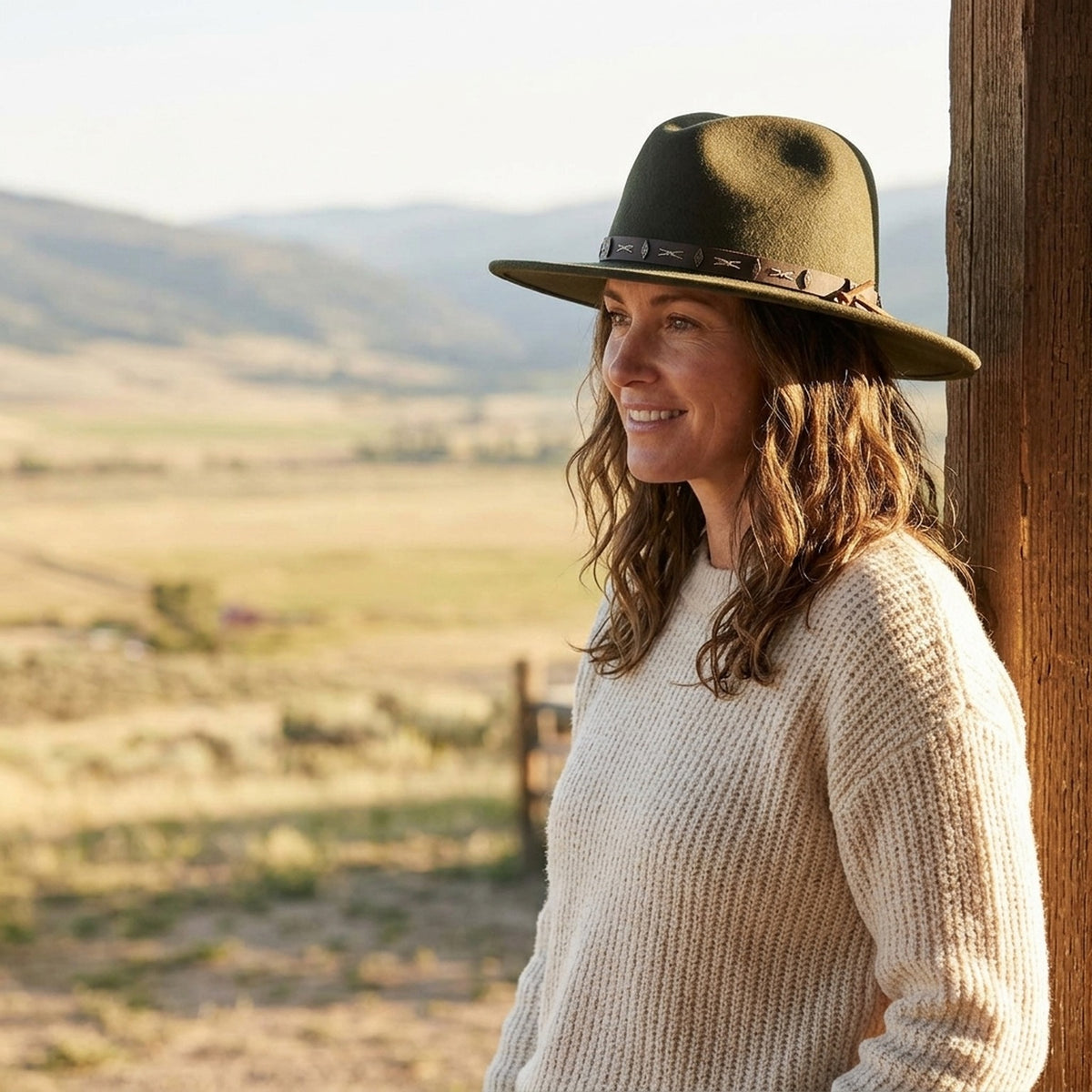 Dark Olive Boho Felt Hat with Cross-Stitched Leather Band